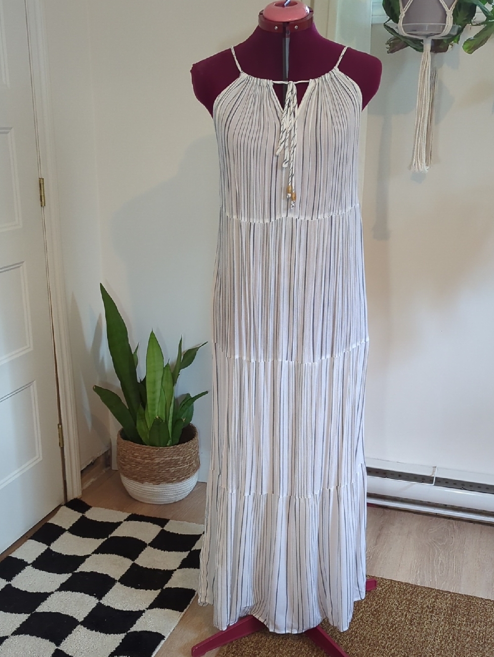 Kona Sol White Maxi Dress with Thin Blue Stripes
